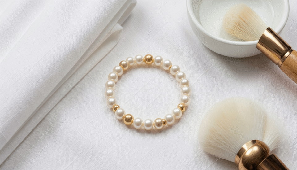 Gold and pearl bracelet on a soft white cloth with cleaning tools and a jewelry box in the background