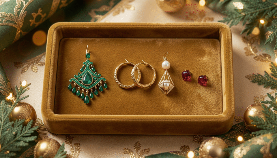 Statement earrings for Eid displayed on a gold velvet tray with Bahraini pearl and chandelier designs