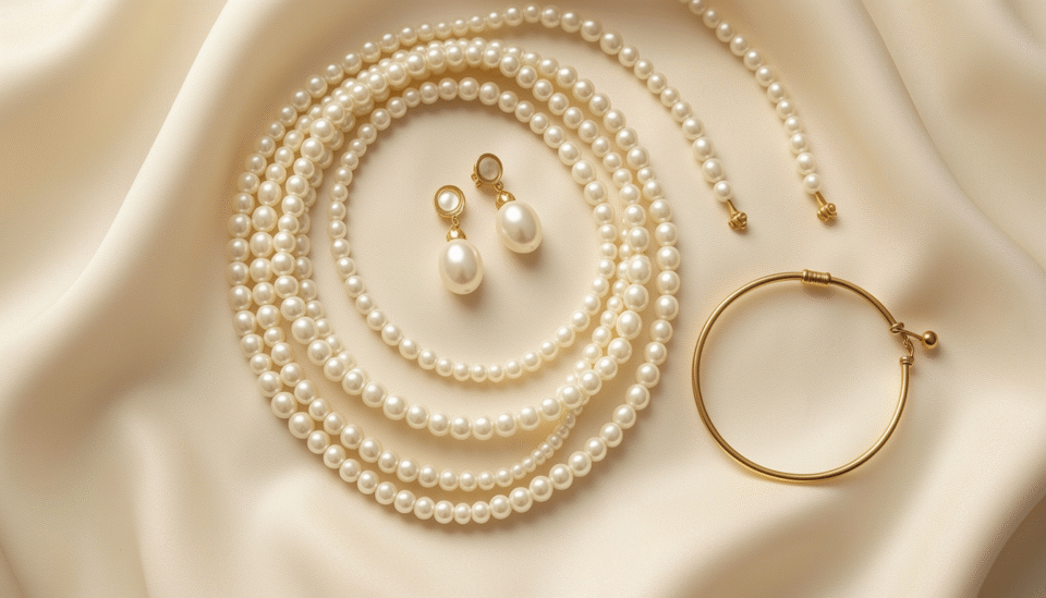 Elegant Bahraini pearl necklace and earrings set on a white bridal fabric background