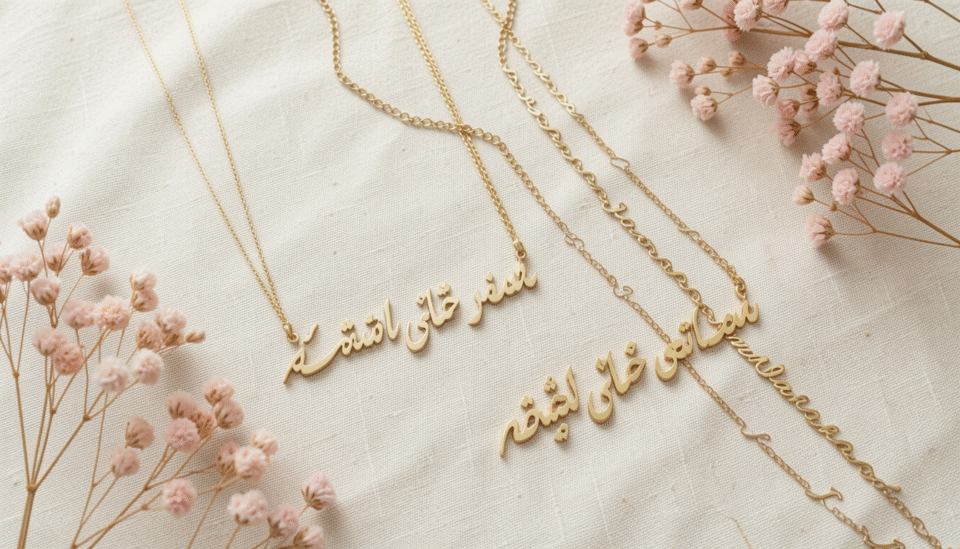 Gold personalized name necklace with Arabic calligraphy script on a neutral background in Bahrain