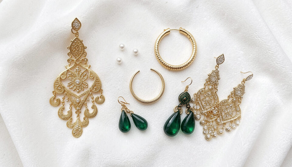 Variety of gold earring styles for Bahraini women displayed on white velvet