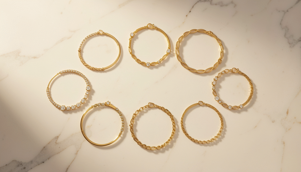 Collection of gold bracelets for women in Bahrain displayed on white marble