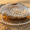 Bahraini pearls displayed in an open oyster shell on a bed of sea sand beside a gold pearl necklace