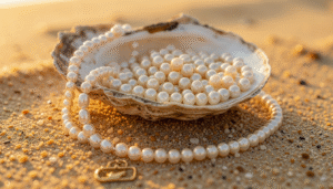 Bahraini pearls displayed in an open oyster shell on a bed of sea sand beside a gold pearl necklace