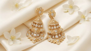 Elegant Bahraini bridal earrings in gold and diamonds displayed on a soft white fabric ready for a wedding
