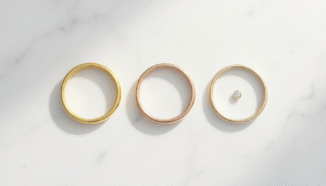 18K 22K and 24K gold rings displayed side by side on white marble surface