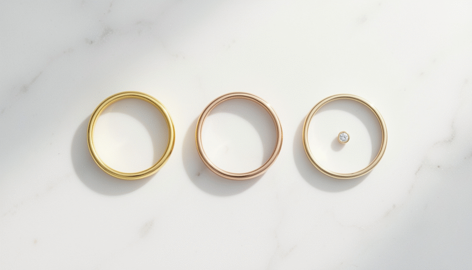 18K 22K and 24K gold rings displayed side by side on white marble surface