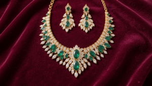 Luxury gold and diamond bridal jewelry set for Bahraini brides on velvet display