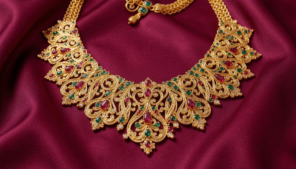 Gold statement necklace for Gulf wedding displayed on elegant fabric in Bahrain