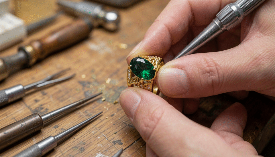 A custom-designed gold ring with gemstone being crafted by a jeweler in Bahrain