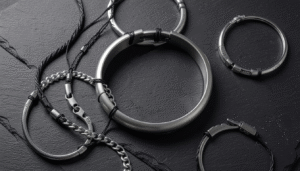 Collection of mens bracelets in Bahrain featuring gold chain silver bangle and leather designs on dark surface