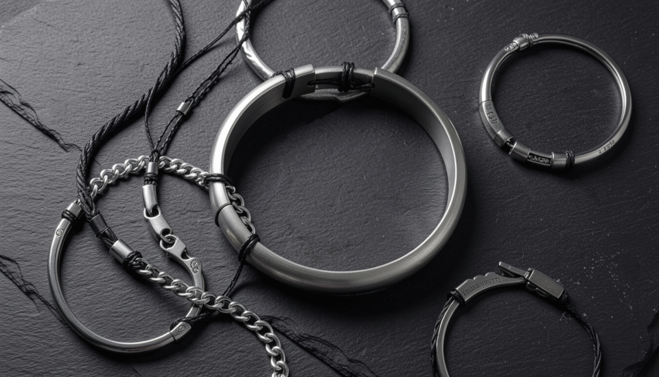 Collection of mens bracelets in Bahrain featuring gold chain silver bangle and leather designs on dark surface