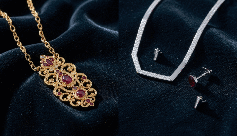 Side-by-side display of traditional gold jewelry set and contemporary white gold set in Bahrain