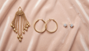 Collection of chandelier hoop and stud earrings displayed to show options for different face shapes