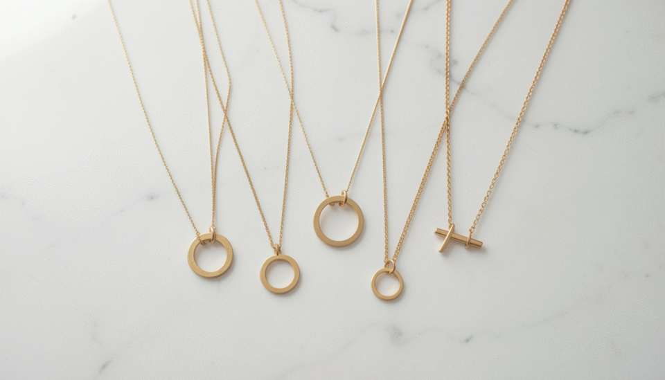 Minimalist gold necklace styles displayed on a white marble surface, featuring delicate chains and small pendants