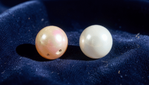 Side by side comparison of a lustrous Bahrain natural pearl and a freshwater pearl on dark velvet background