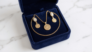 Elegant jewelry set for gifting in Bahrain featuring gold necklace earrings and bracelet in a gift box